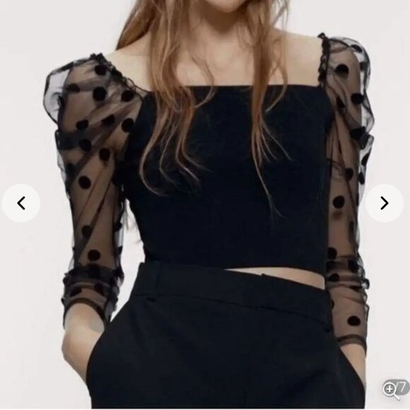 ZARA Combination Polka Dot Sheer Sleeve Knit Crop Black Ribbed Top | Size L - Picture 1 of 6